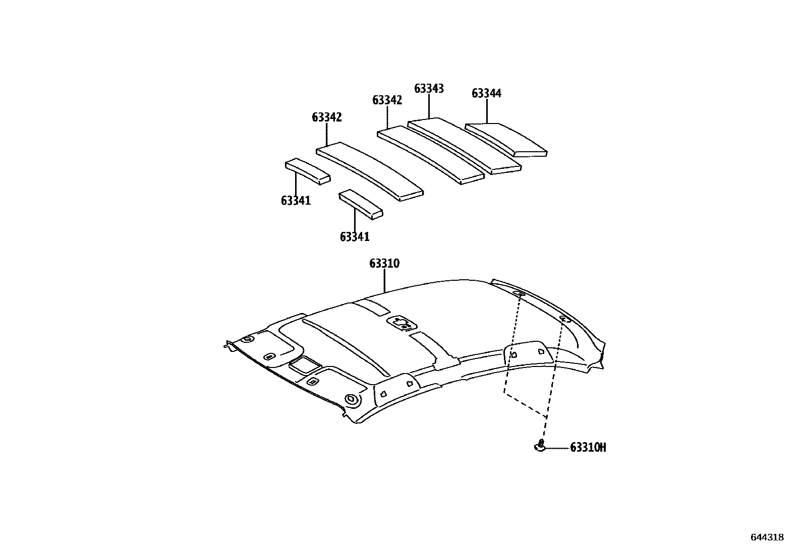 Toyota YARIS 车顶内衬和消声垫 EPC diagram — 644318