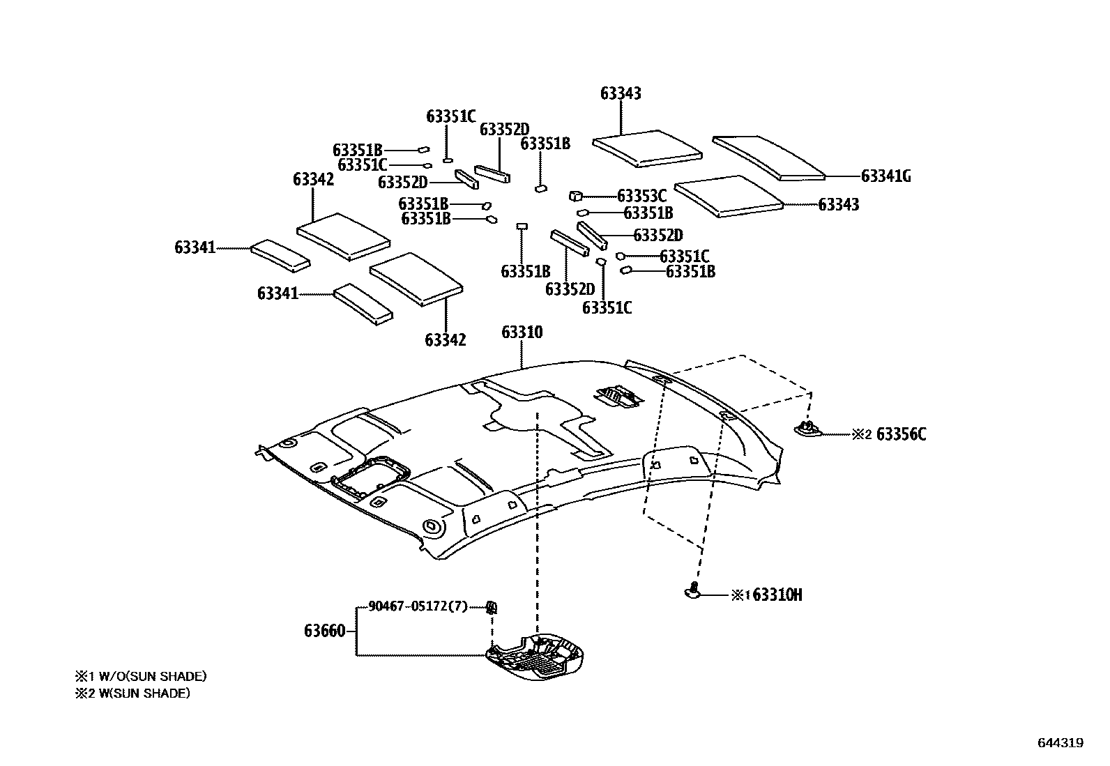 Toyota YARIS 车顶内衬和消声垫 EPC diagram — 644319