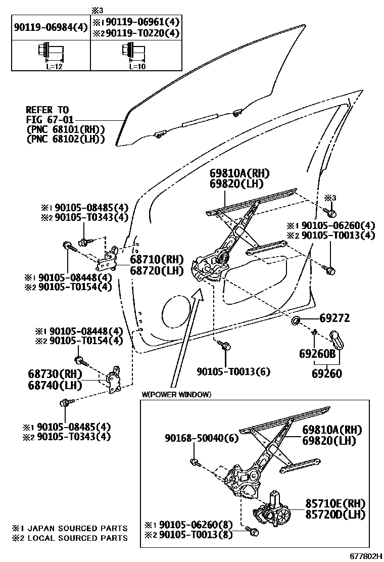 Toyota YARIS 前门车窗升降器和合页 EPC diagram — 677802H