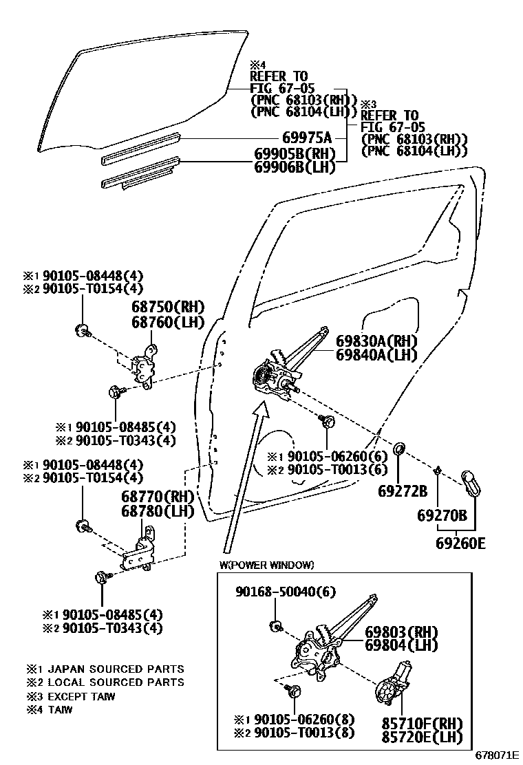 Toyota YARIS 后门车窗升降器和合页 EPC diagram — 678071E