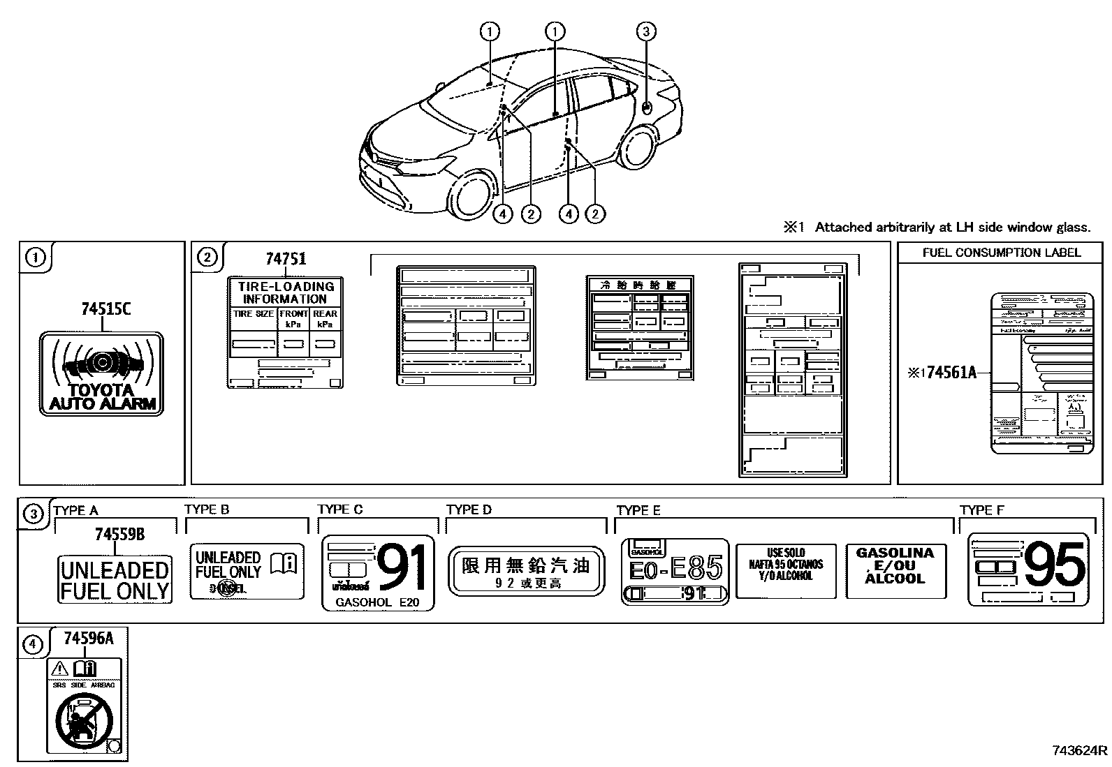 Toyota YARIS 警示铭牌(车外和车内) EPC diagram — 743624R