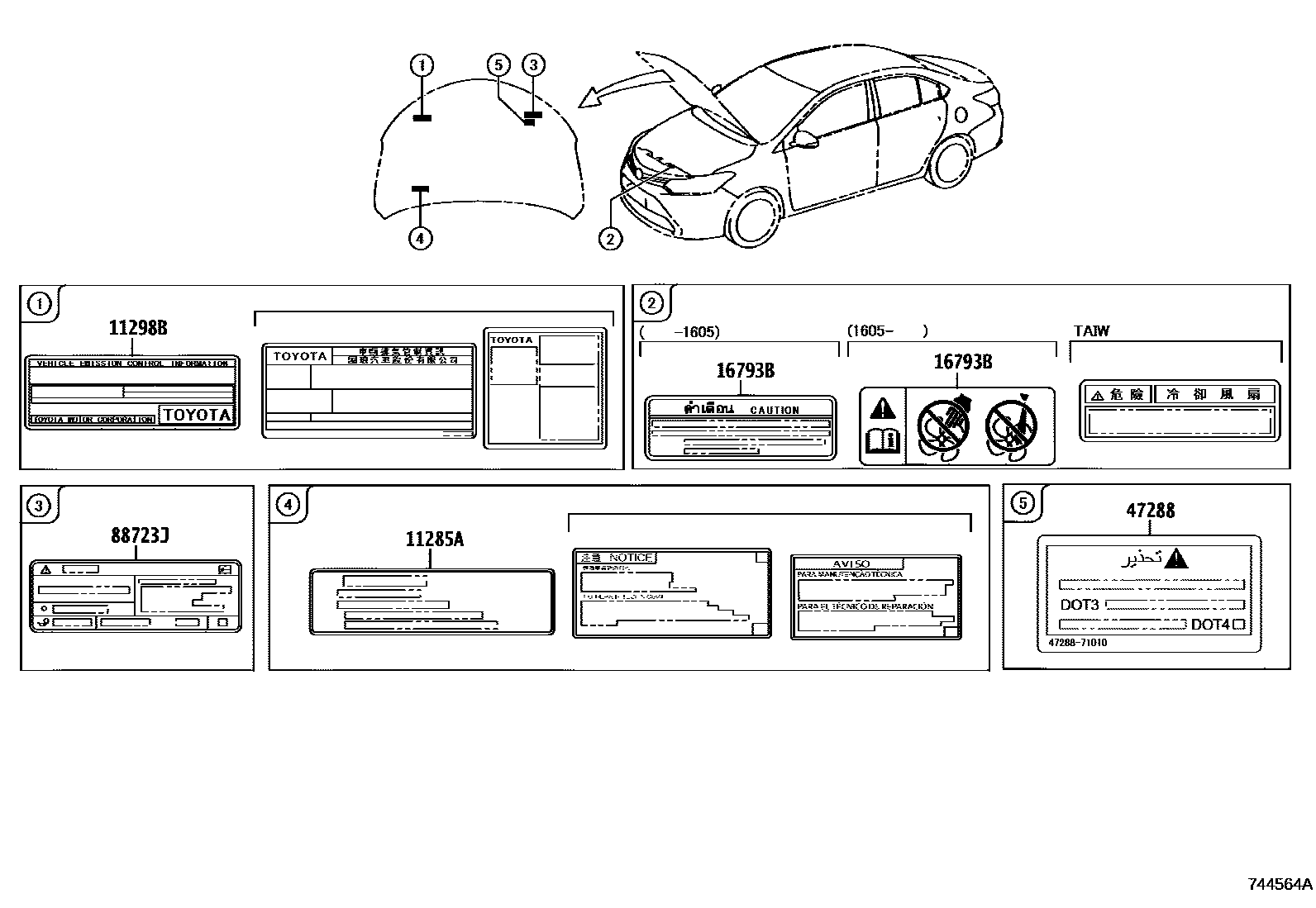 Toyota YARIS 警示铭牌(车外和车内) EPC diagram — 744564A