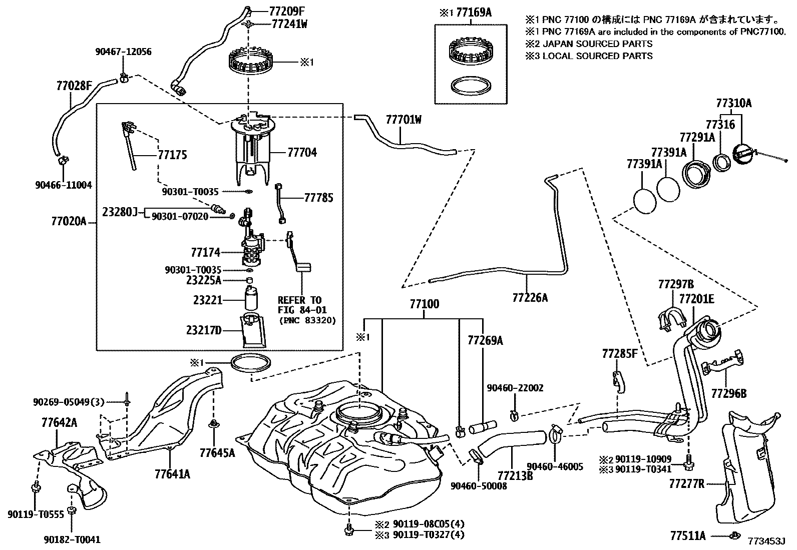 Toyota YARIS 燃油箱和燃油管 EPC diagram — 773453J