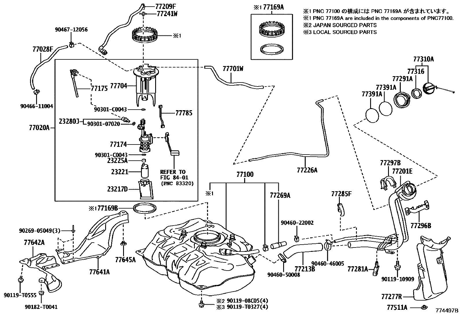 Toyota YARIS 燃油箱和燃油管 EPC diagram — 774497B