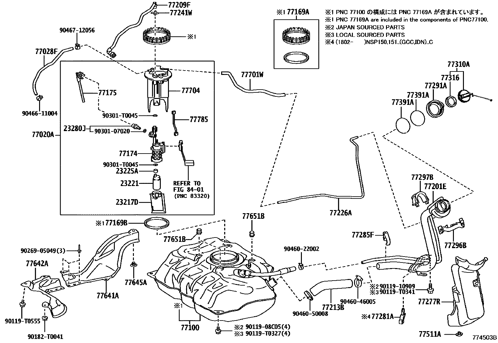 Toyota YARIS 燃油箱和燃油管 EPC diagram — 774503B