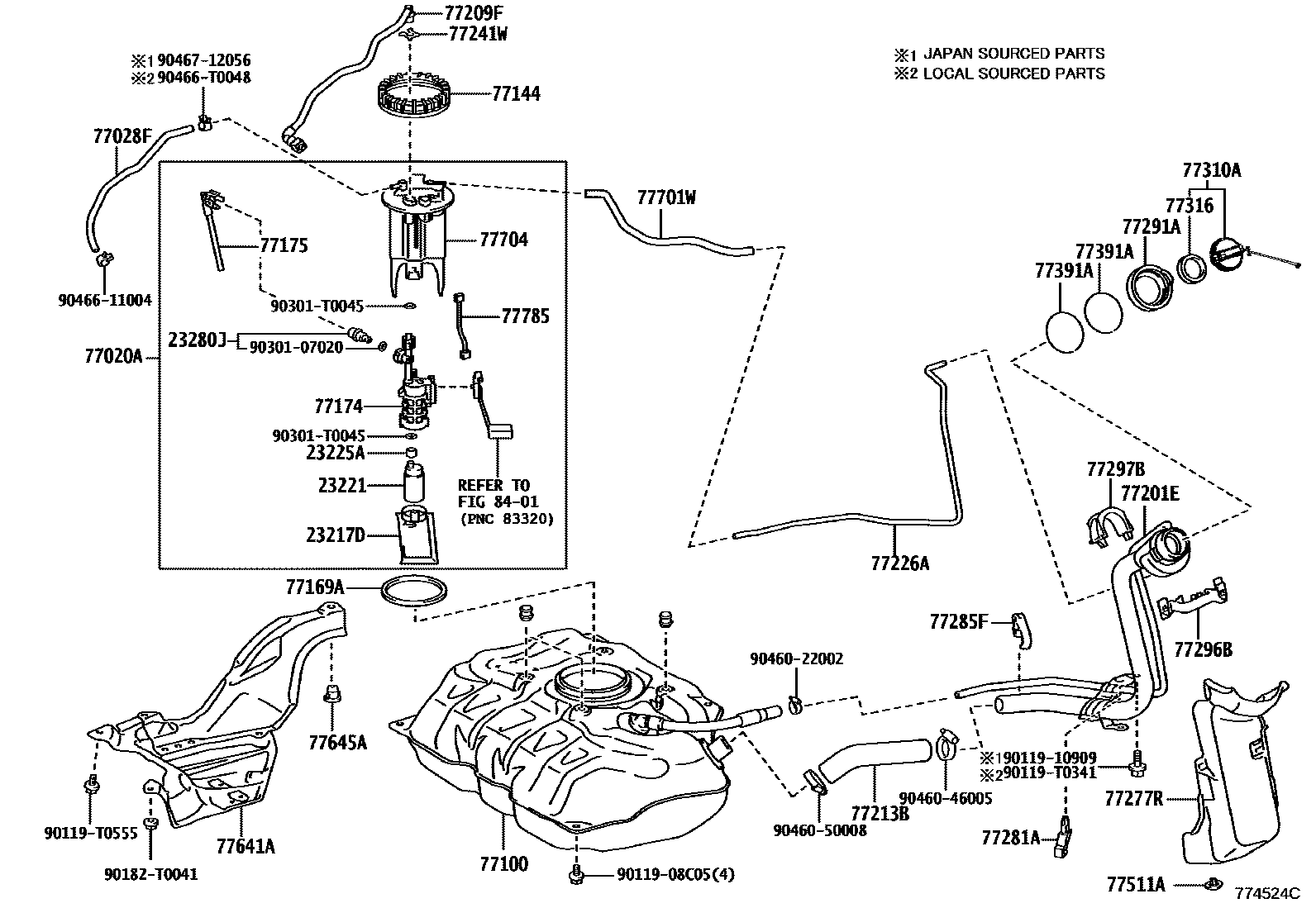 Toyota YARIS 燃油箱和燃油管 EPC diagram — 774524C