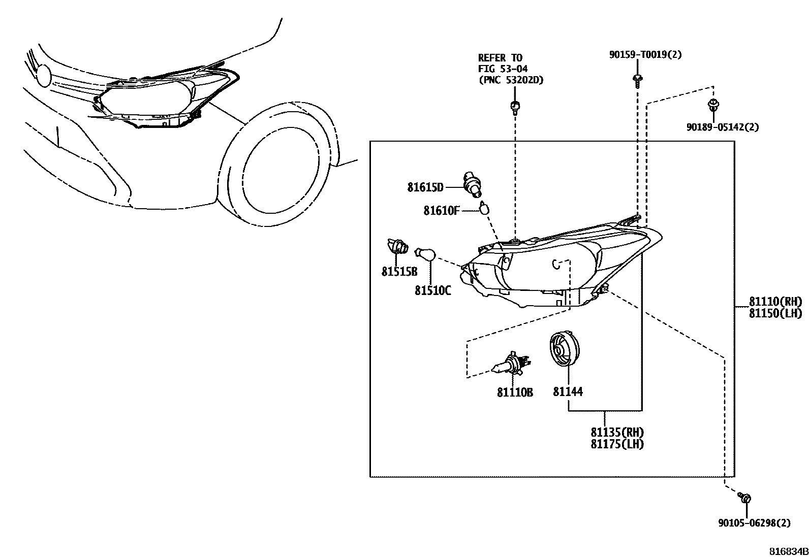 Toyota YARIS Headlamp EPC diagram — 816834B