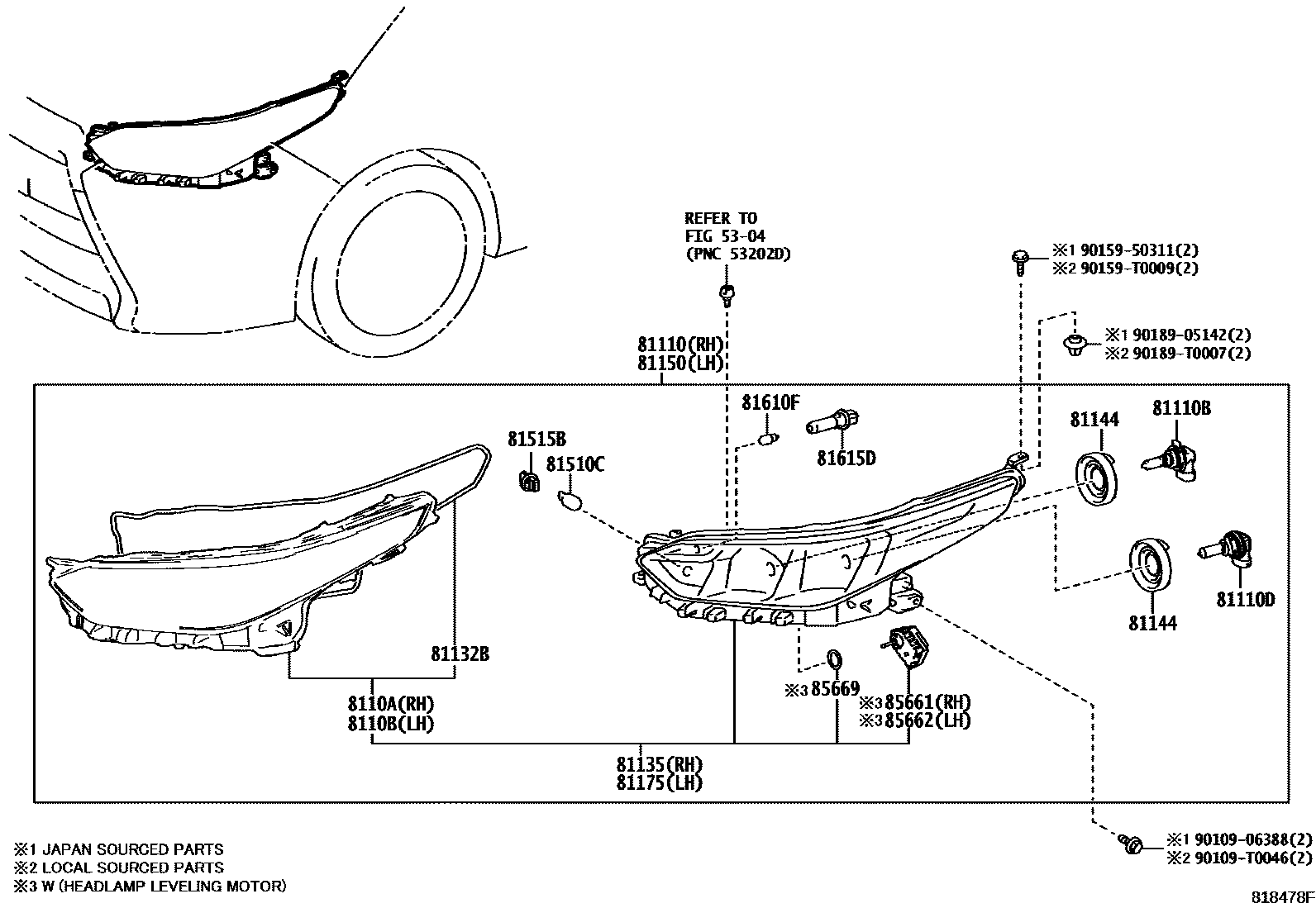 Toyota YARIS Headlamp EPC diagram — 818478F