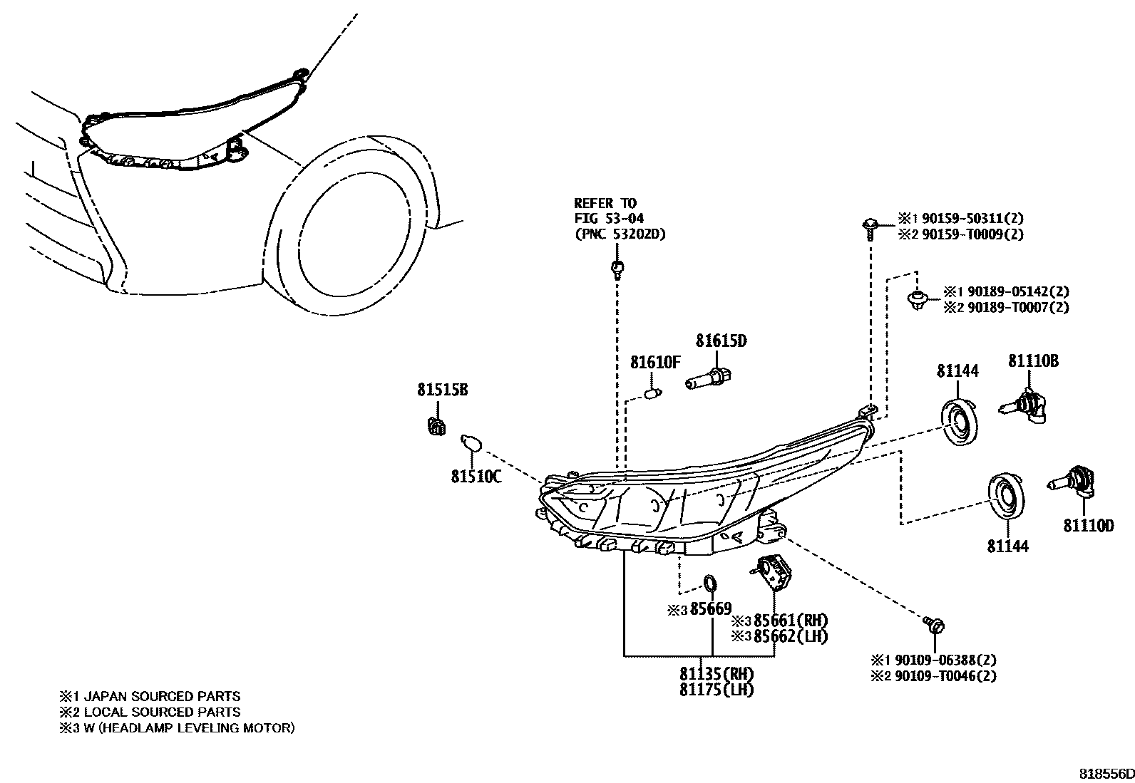 Toyota YARIS Headlamp EPC diagram — 818556D
