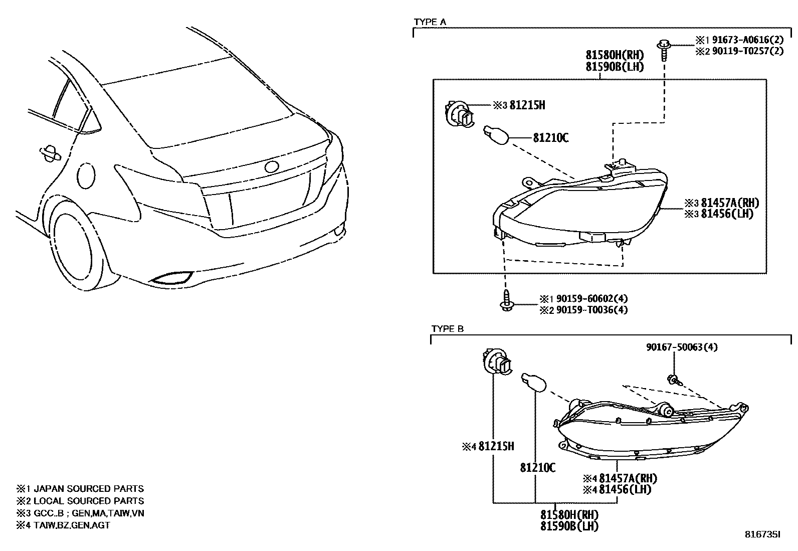 Toyota YARIS 后雾灯 EPC diagram — 816735I