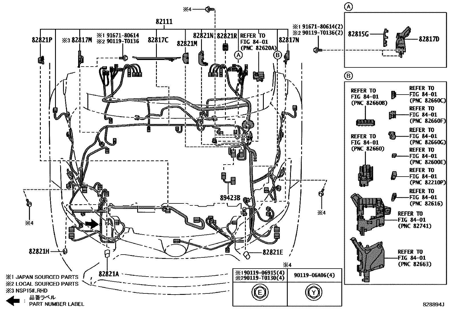 Toyota YARIS 线束和卡夹 EPC diagram — 828894J