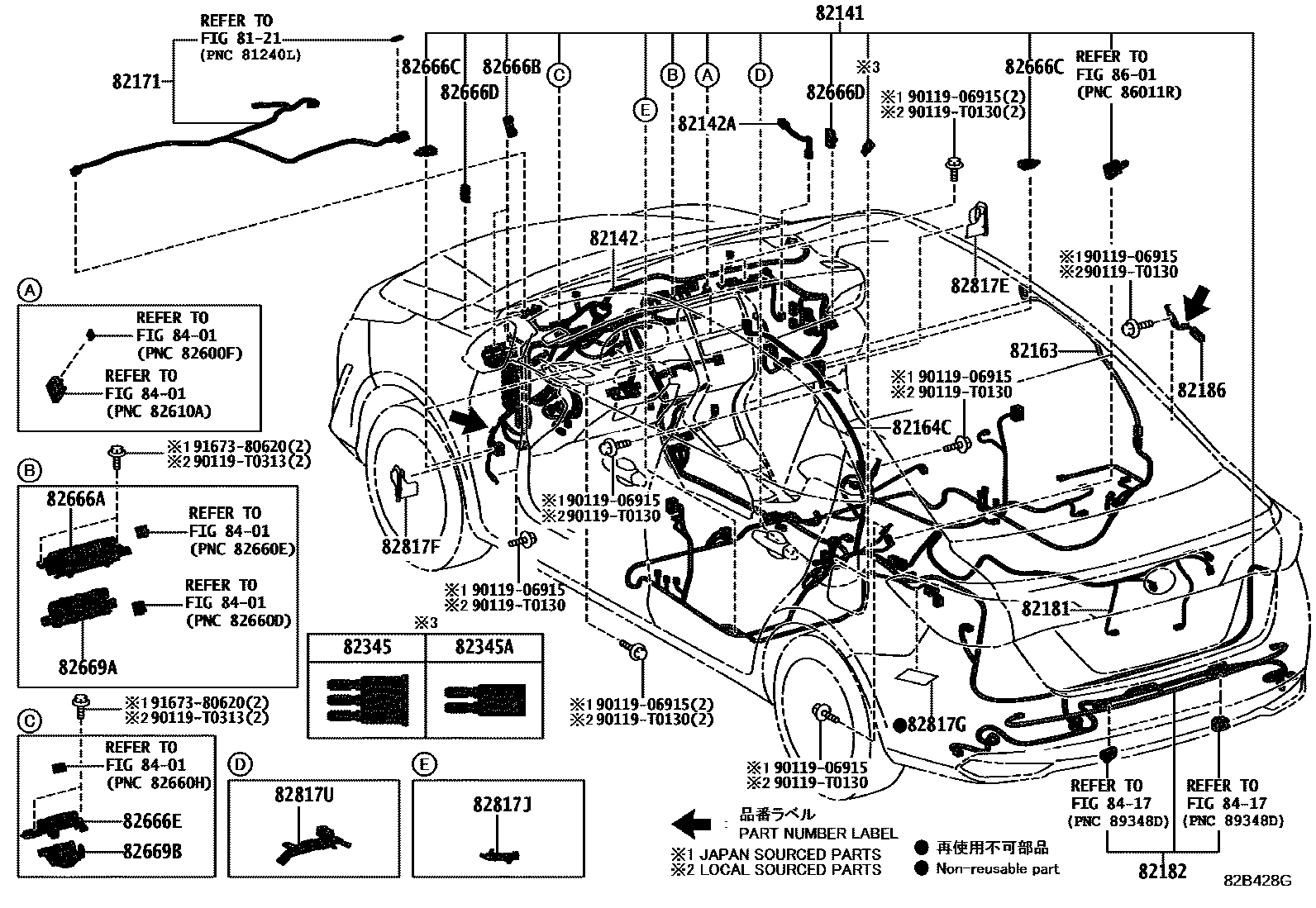 Toyota YARIS 线束和卡夹 EPC diagram — 82B428G