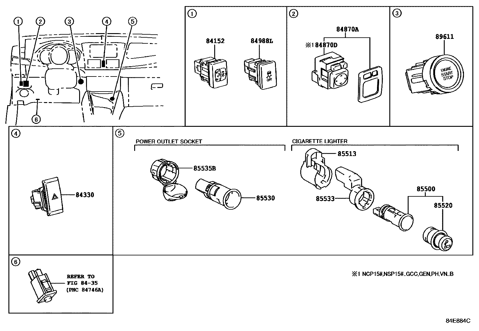 Toyota YARIS 开关和继电器和ECU EPC diagram — 84E884C