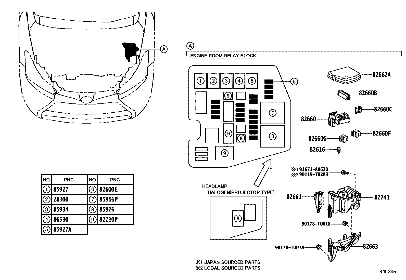 Toyota YARIS 开关和继电器和ECU EPC diagram — 84L335