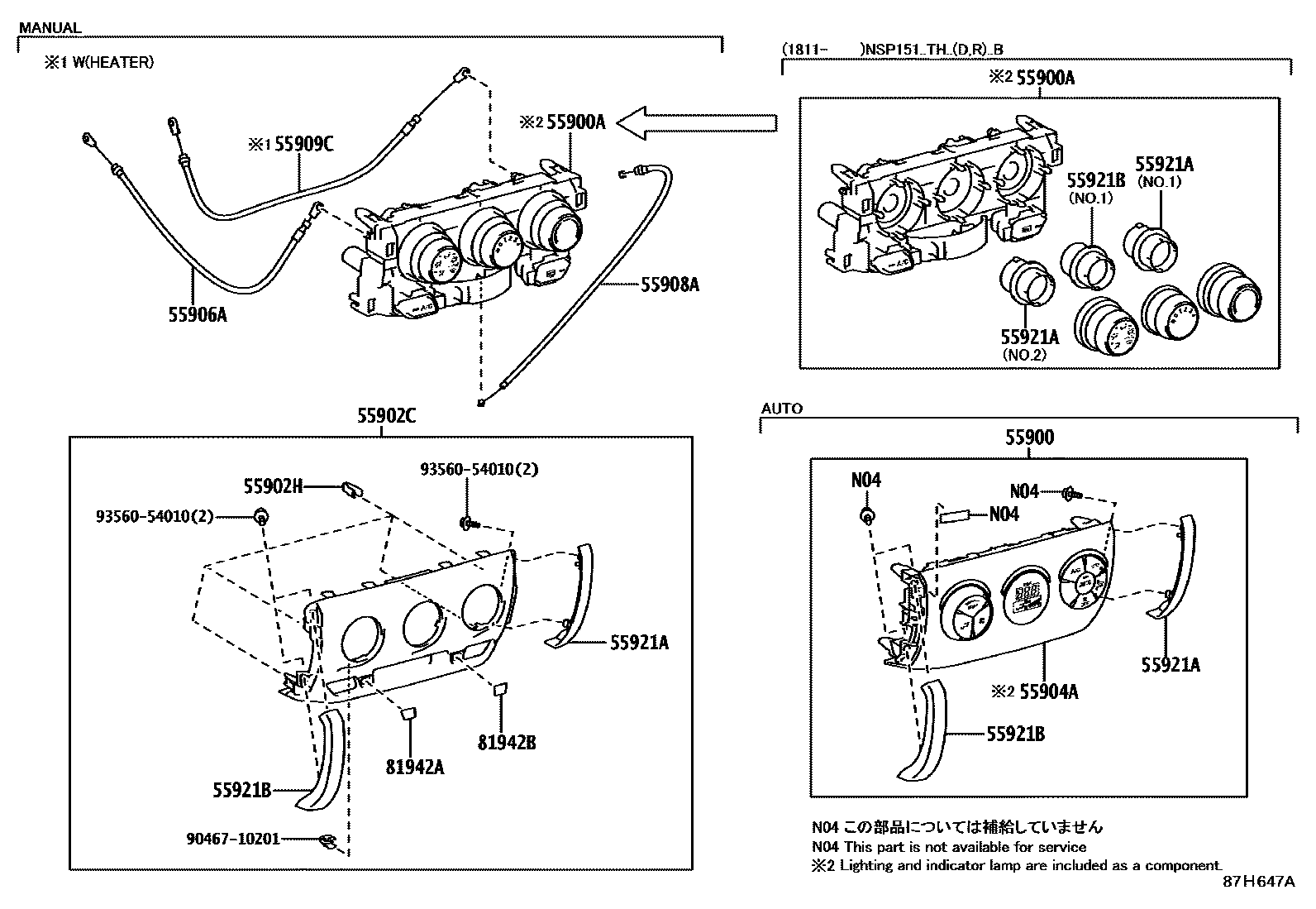 Toyota YARIS 暖风和空调系统 - 控制器和风管 EPC diagram — 87H647A