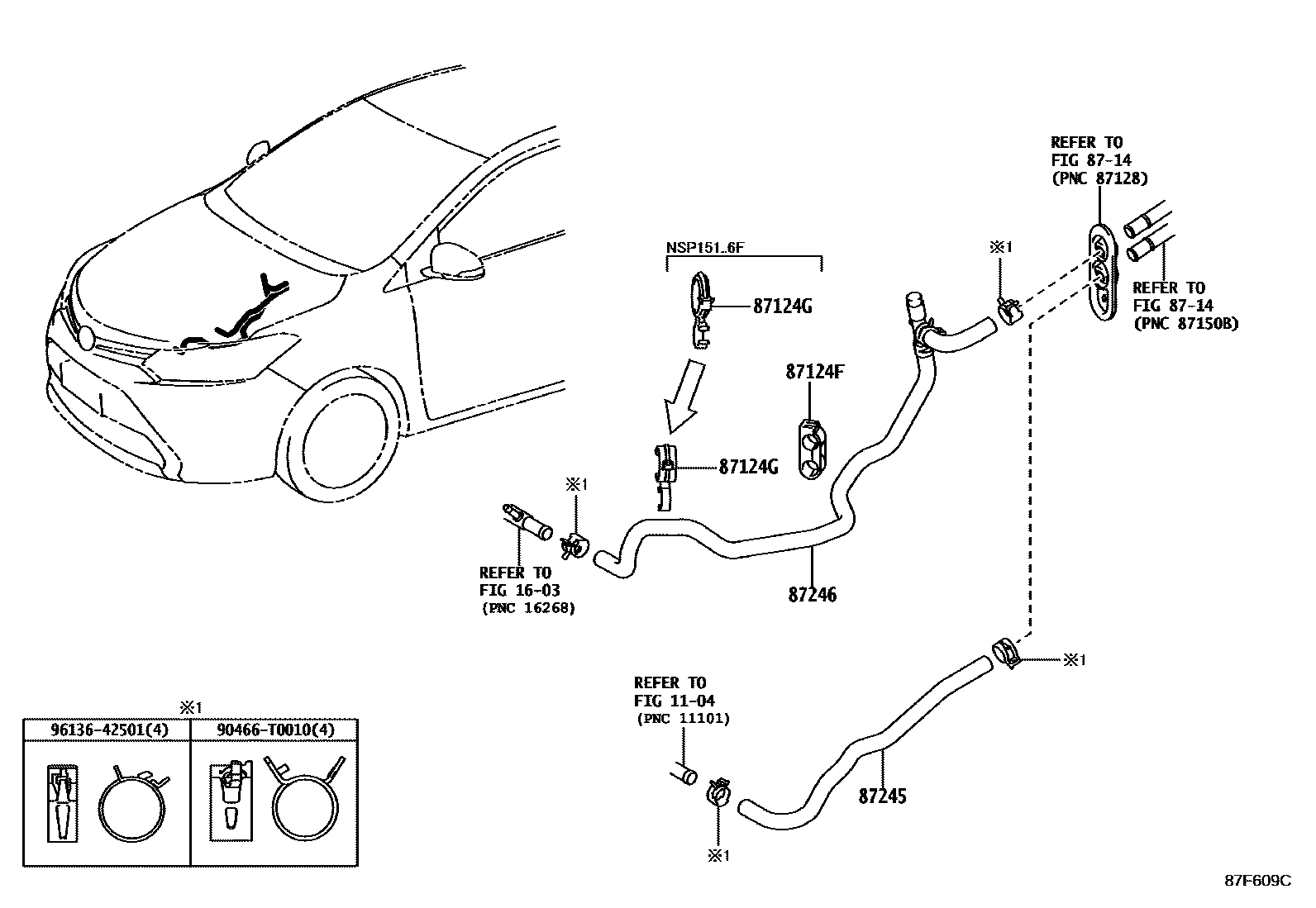 Toyota YARIS 暖风和空调系统 - 水管 EPC diagram — 87F609C
