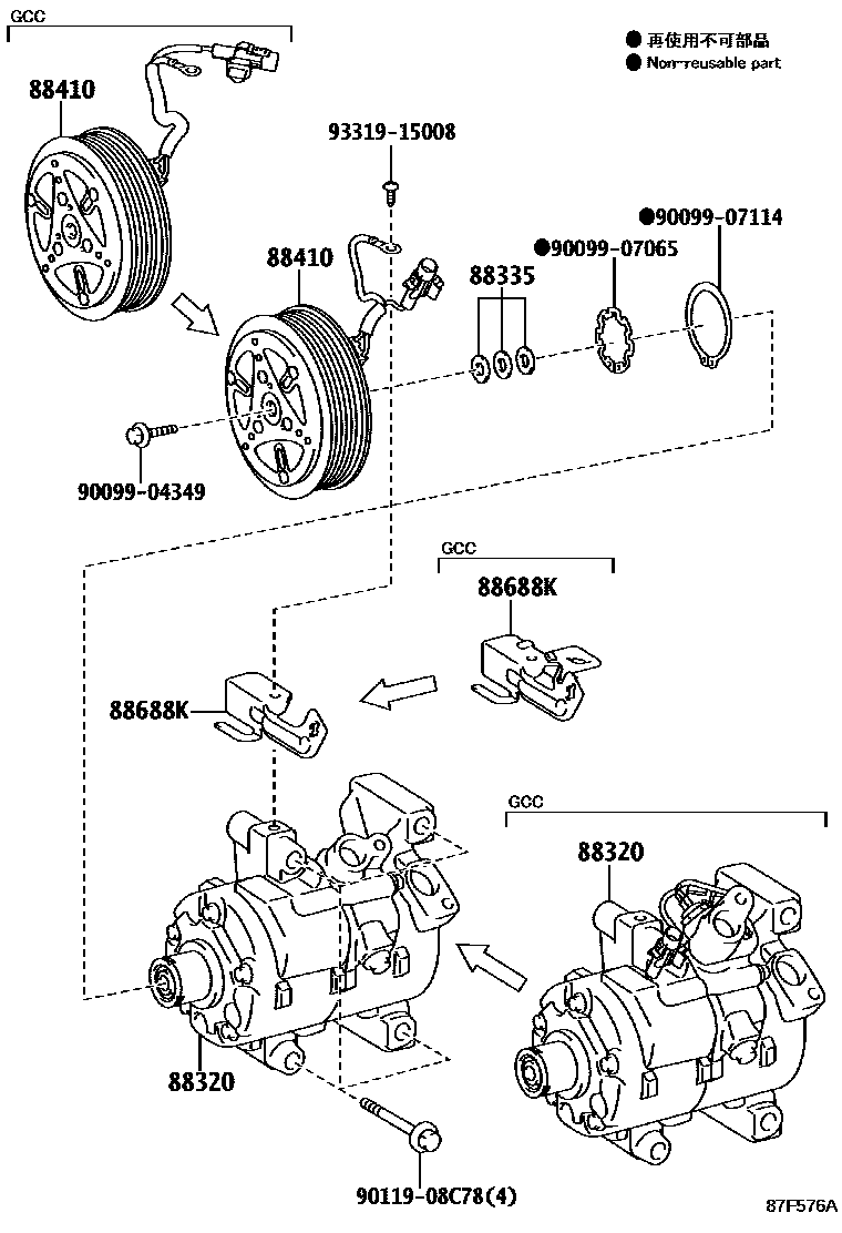 Toyota YARIS Heating & Air Conditioning - Compressor EPC diagram — 87F576A