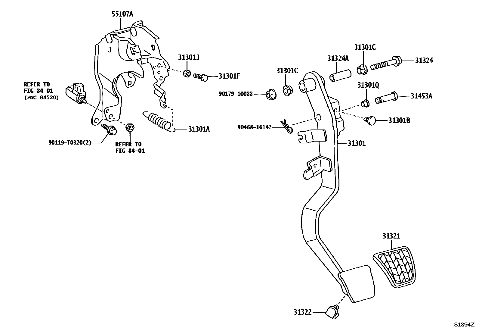 Toyota YARIS 离合器踏板和挠性软管 EPC diagram — 31394Z