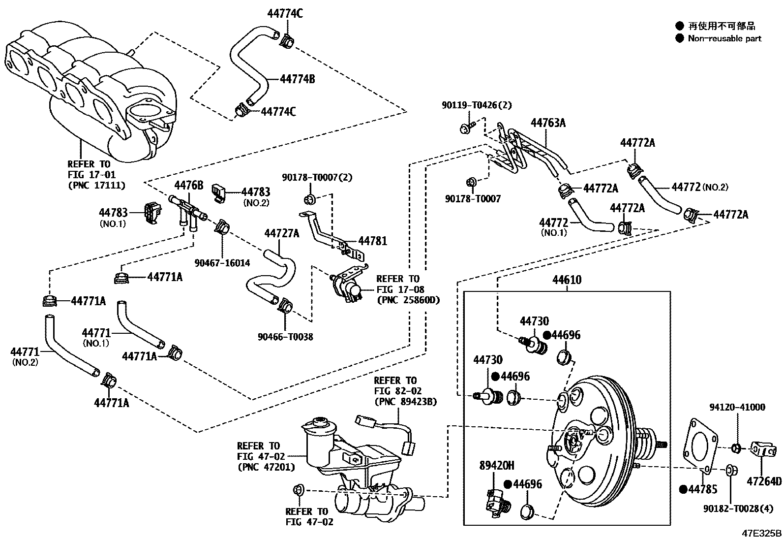 Toyota YARIS 制动助力器和真空管 EPC diagram — 47E325B