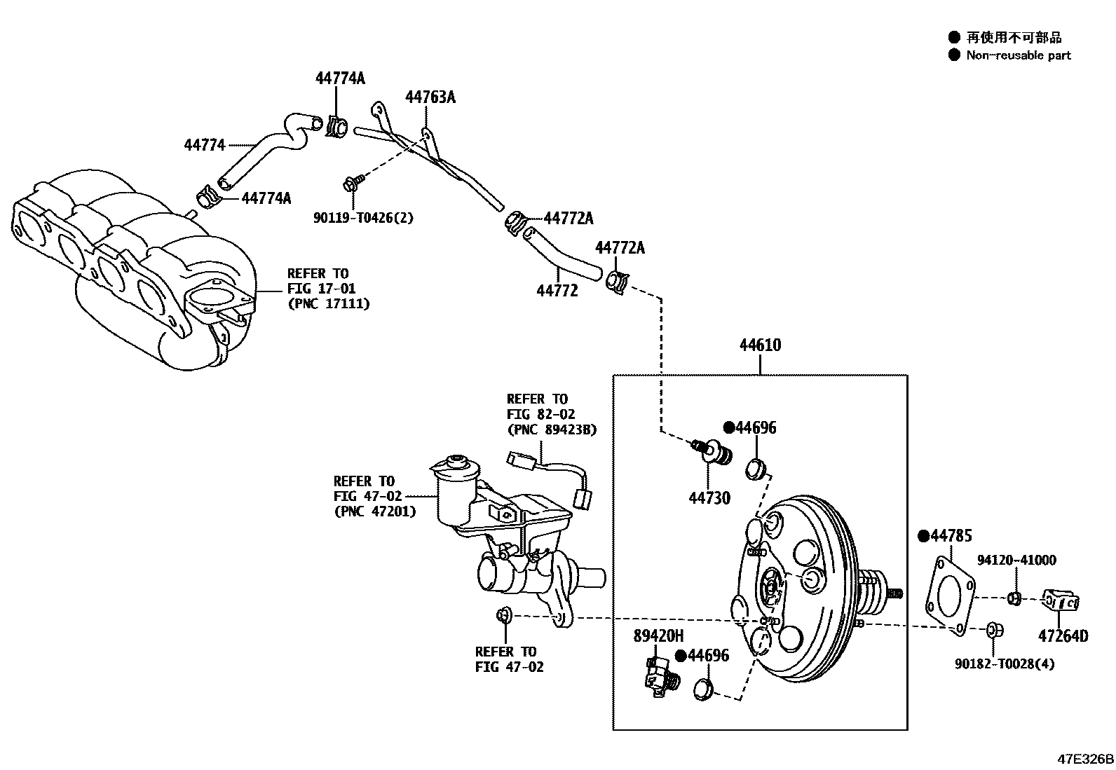 Toyota YARIS 制动助力器和真空管 EPC diagram — 47E326B