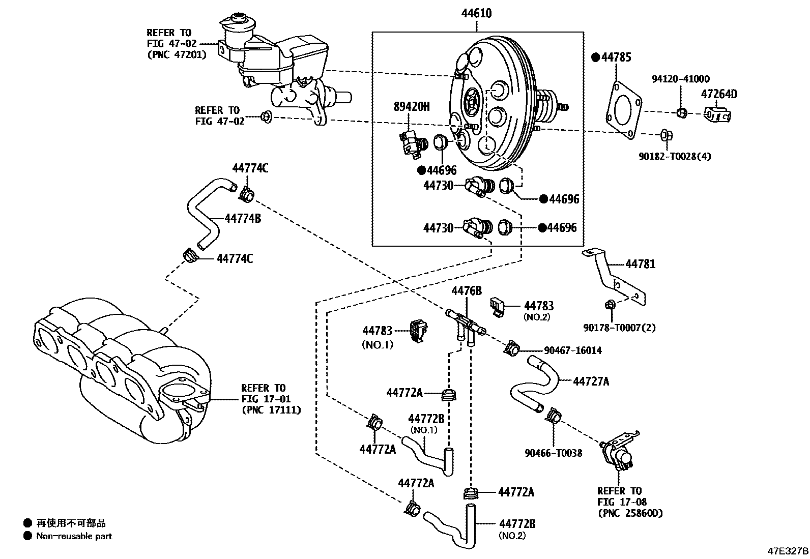 Toyota YARIS 制动助力器和真空管 EPC diagram — 47E327B