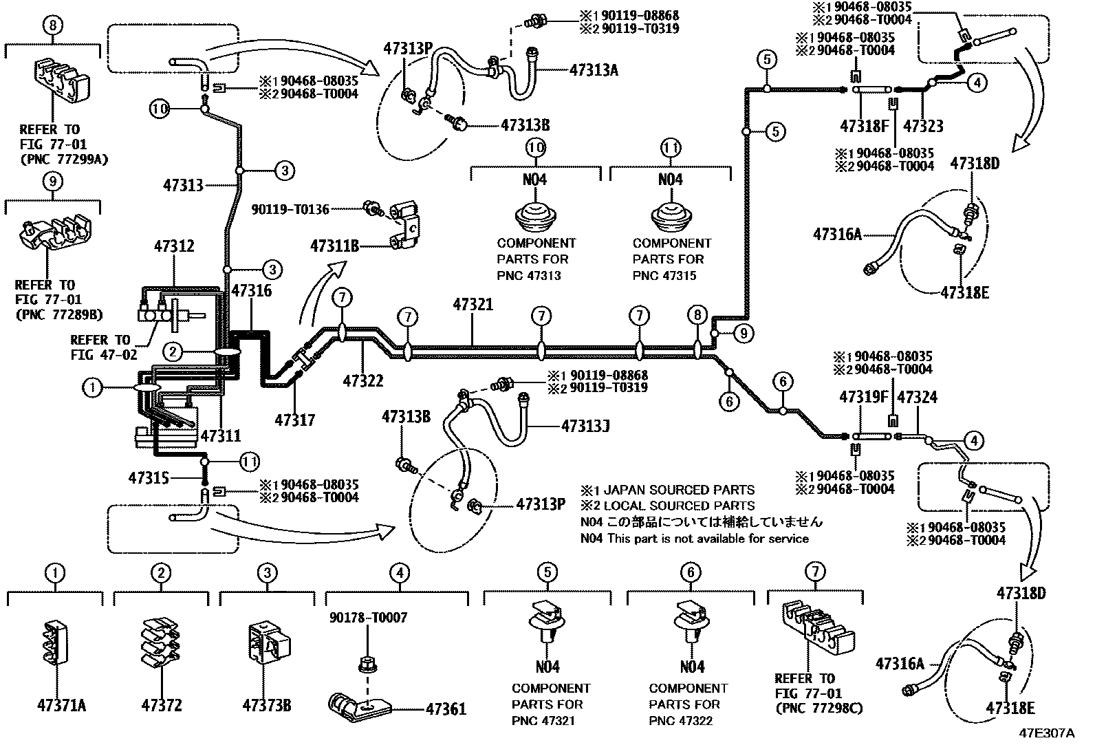 Toyota YARIS 制动配管和卡箍 EPC diagram — 47E307A