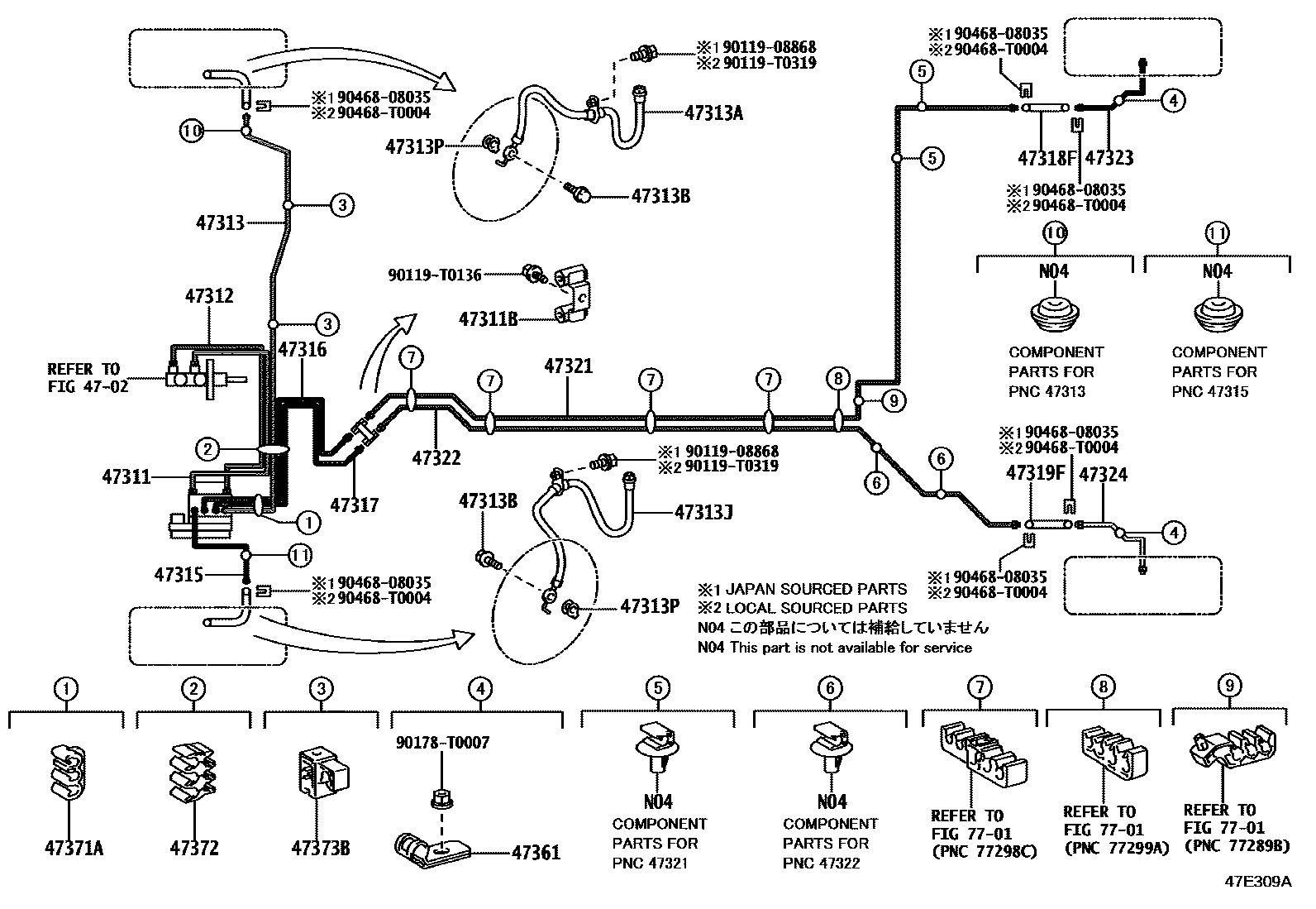 Toyota YARIS 制动配管和卡箍 EPC diagram — 47E309A