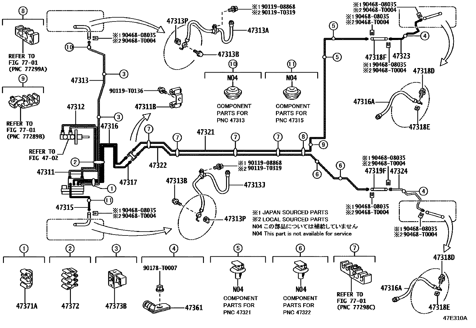 Toyota YARIS 制动配管和卡箍 EPC diagram — 47E310A
