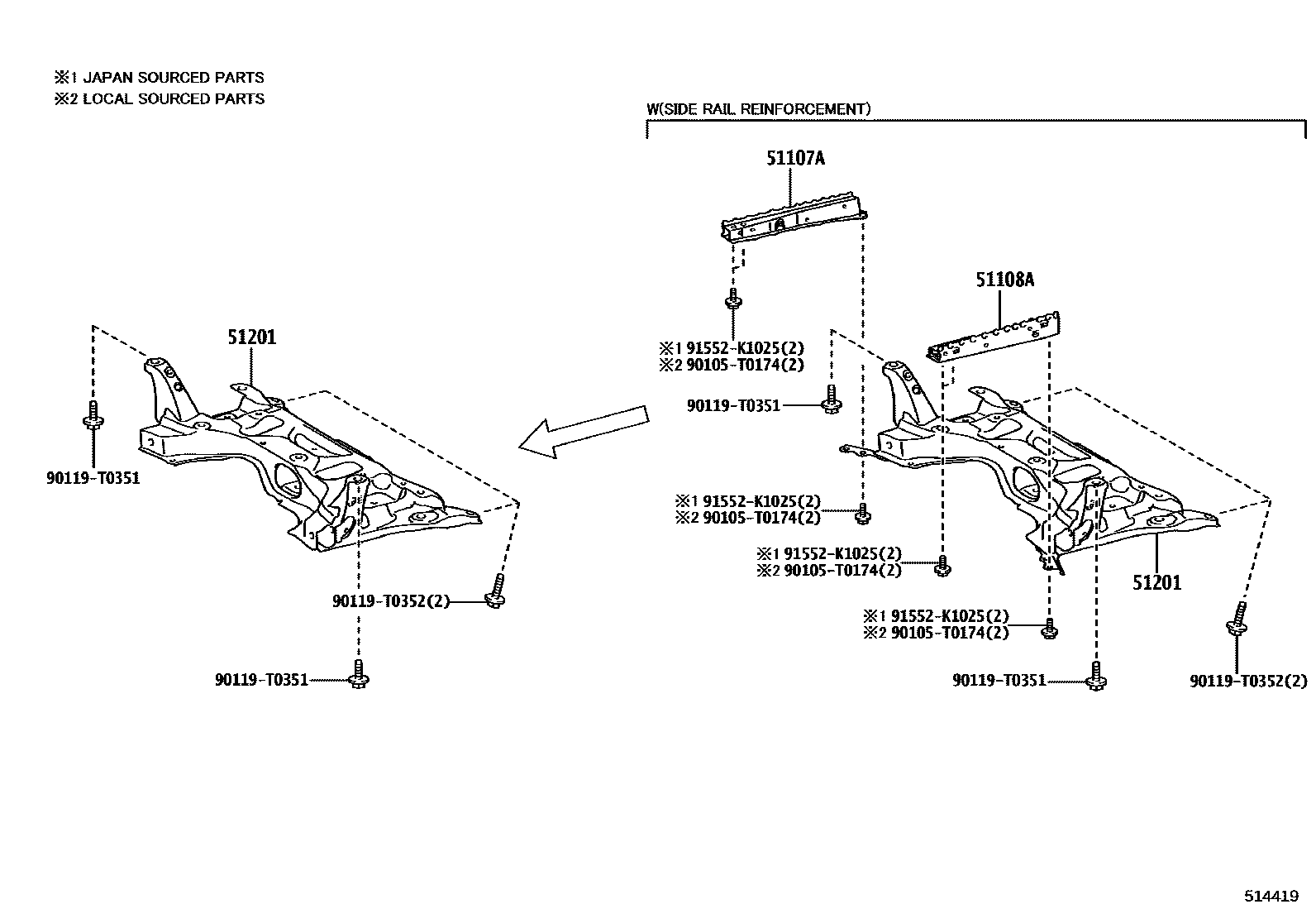 Toyota YARIS 悬架横梁和发动机底罩 EPC diagram — 514419