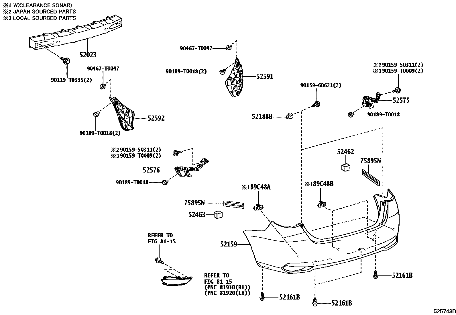 Toyota YARIS 后保险杠及附件 EPC diagram — 525743B