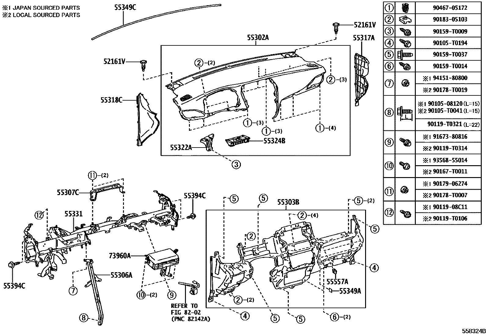 Toyota YARIS 仪表板和手套箱 EPC diagram — 558324B