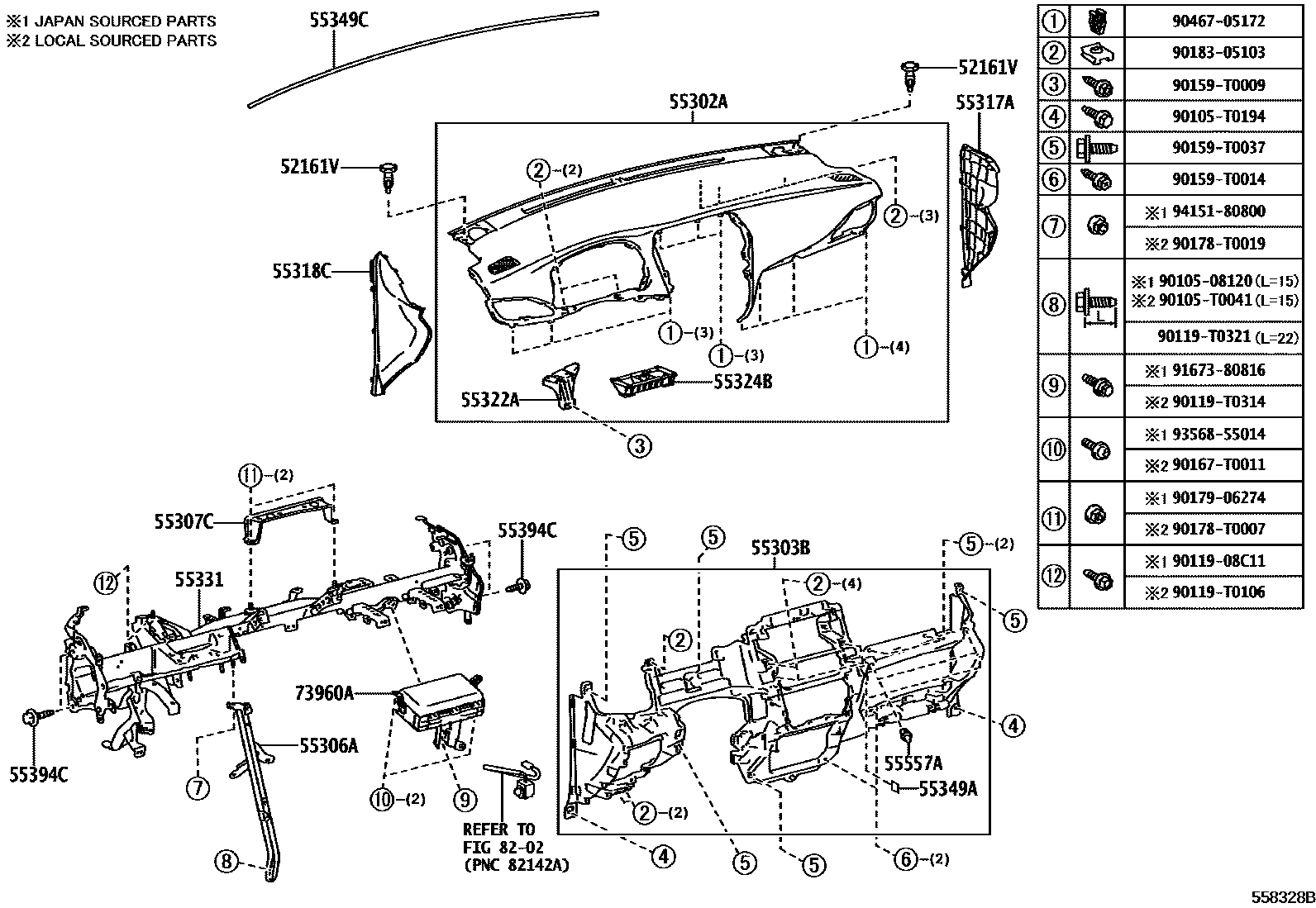 Toyota YARIS 仪表板和手套箱 EPC diagram — 558328B