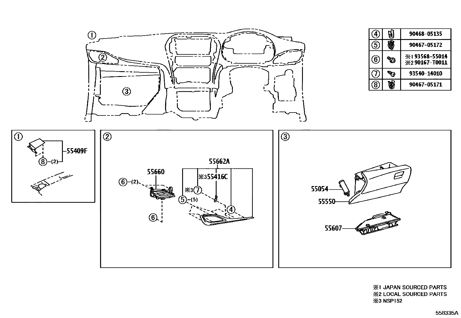 Toyota YARIS 仪表板和手套箱 EPC diagram — 558335A