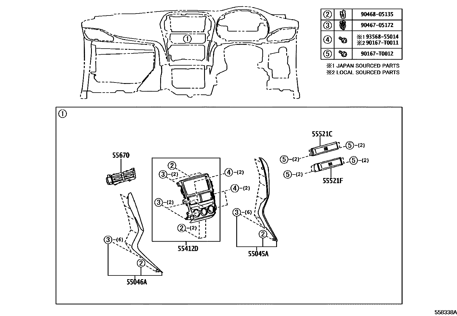Toyota YARIS 仪表板和手套箱 EPC diagram — 558338A