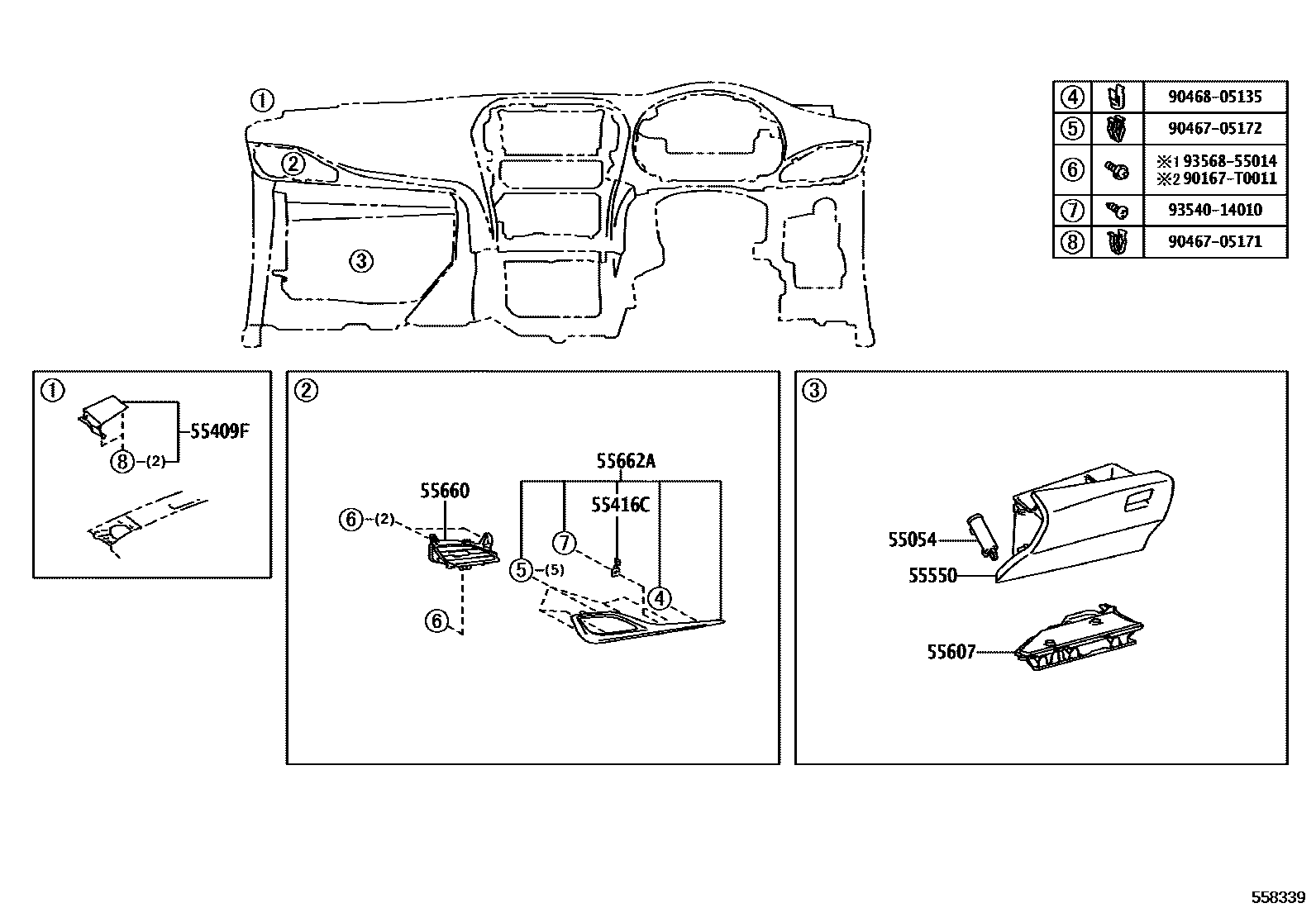 Toyota YARIS 仪表板和手套箱 EPC diagram — 558339