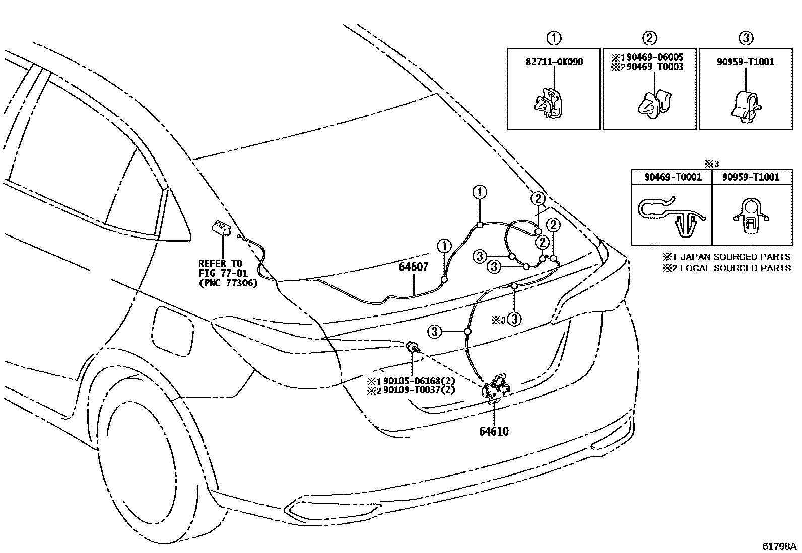 Toyota YARIS 行李箱门和行李箱锁 EPC diagram — 61798A
