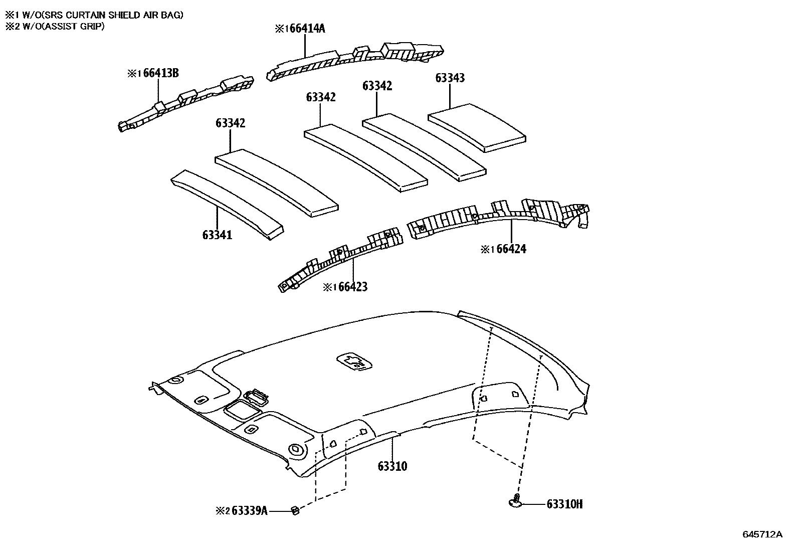 Toyota YARIS 车顶内衬和消声垫 EPC diagram — 645712A