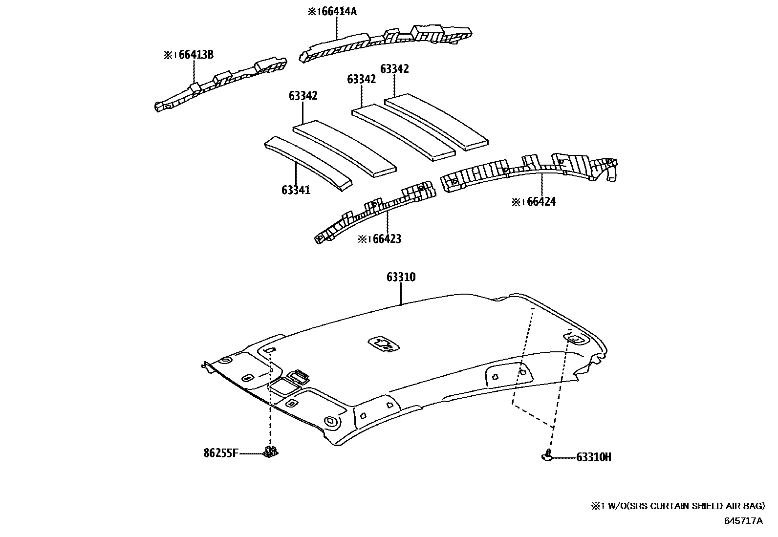 Toyota YARIS 车顶内衬和消声垫 EPC diagram — 645717A