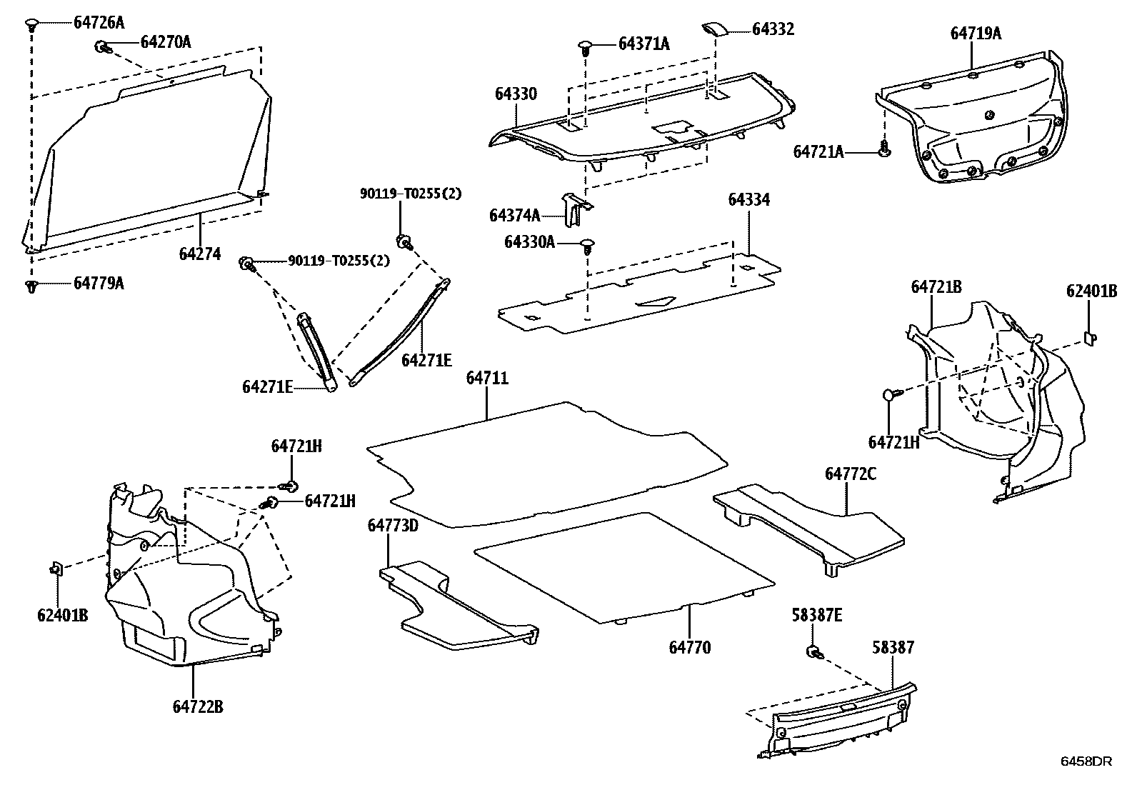 Toyota YARIS 杂物箱板和行李箱垫 EPC diagram — 6458DR
