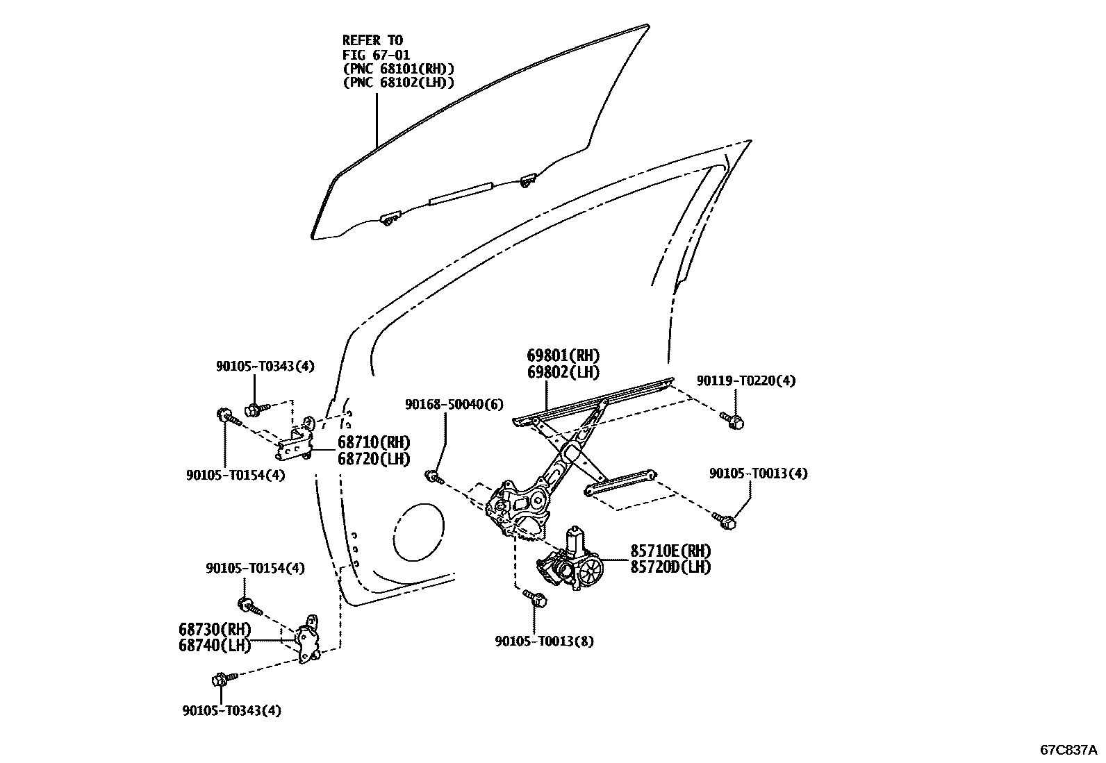 Toyota YARIS 前门车窗升降器和合页 EPC diagram — 67C837A