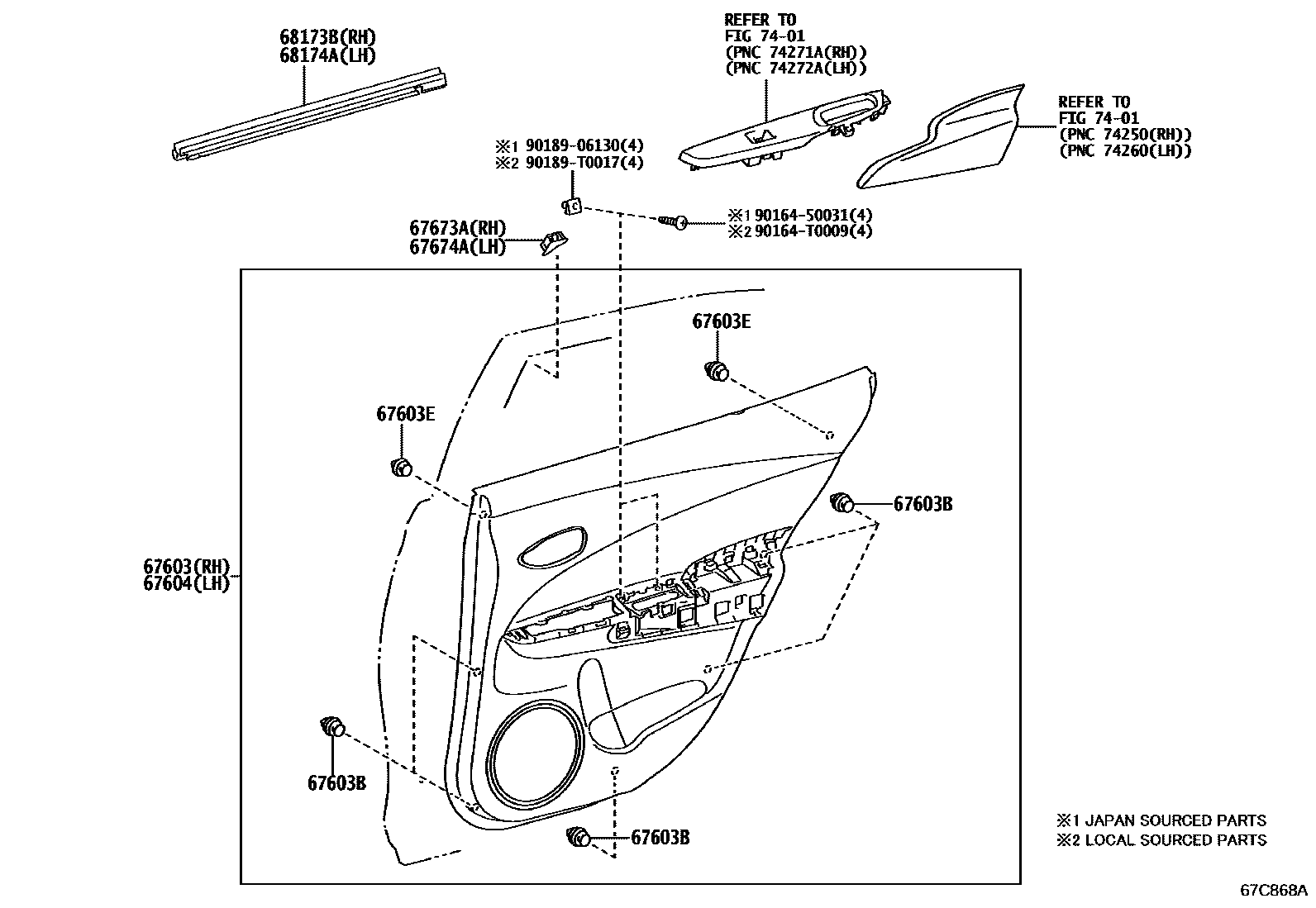 Toyota YARIS 后门板和后门玻璃 EPC diagram — 67C868A