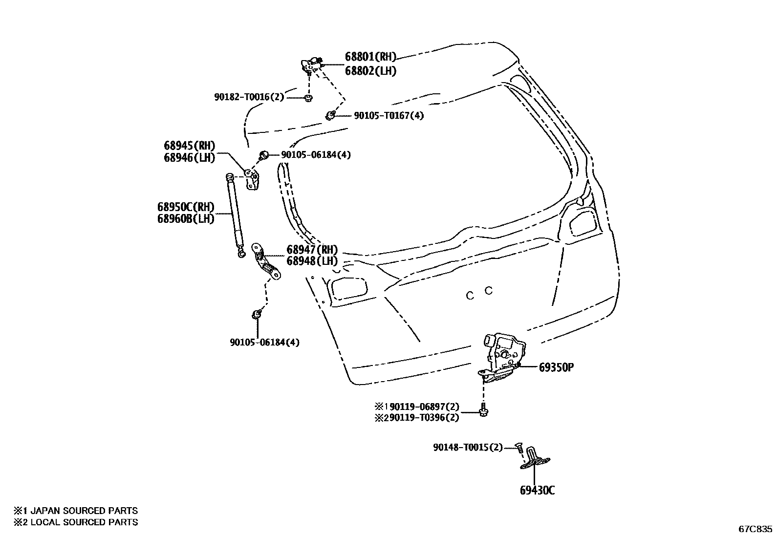 Toyota YARIS 背门锁和背门把手 EPC diagram — 67C835