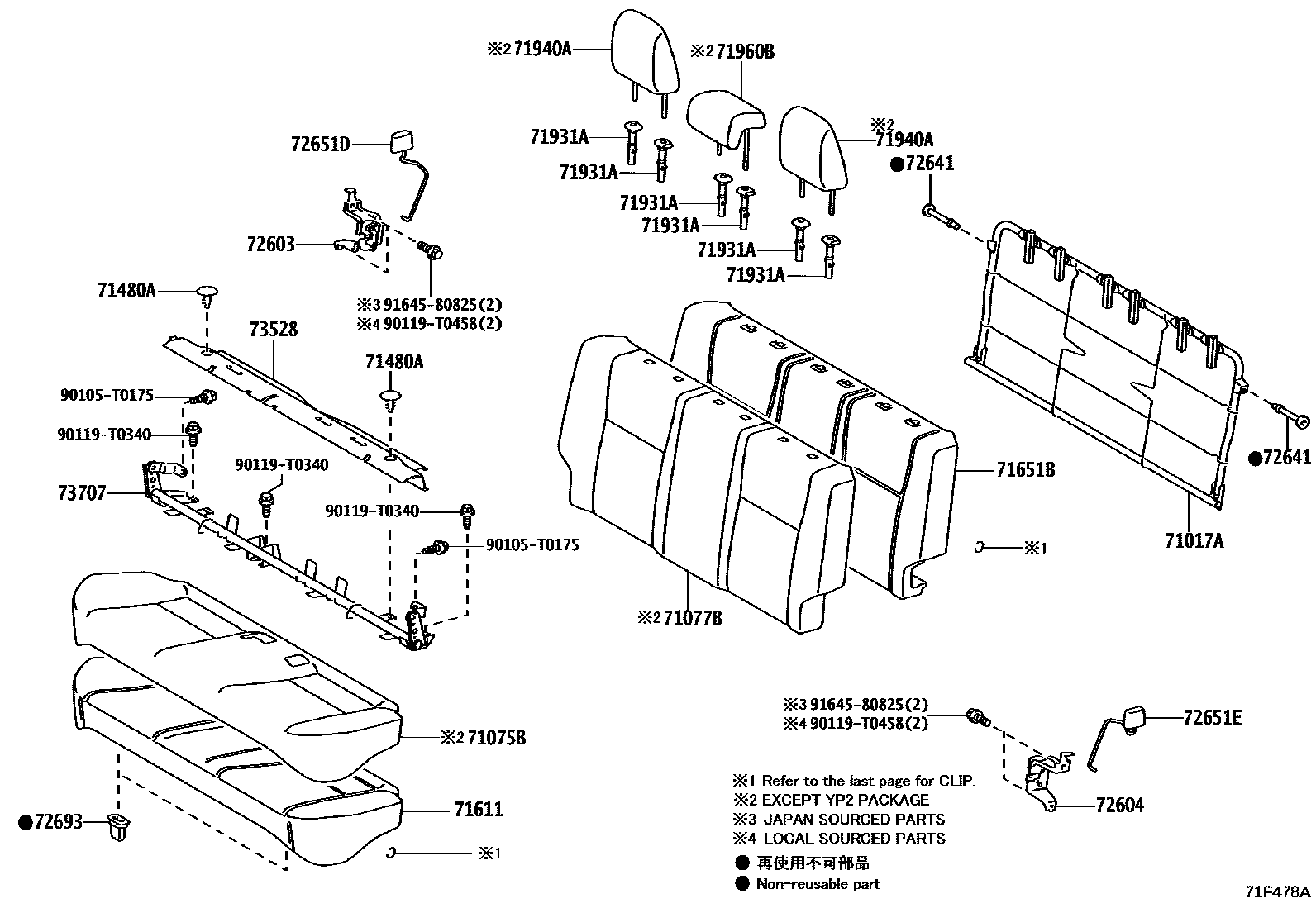 Toyota YARIS 后排座椅和座椅滑轨 EPC diagram — 71F478A