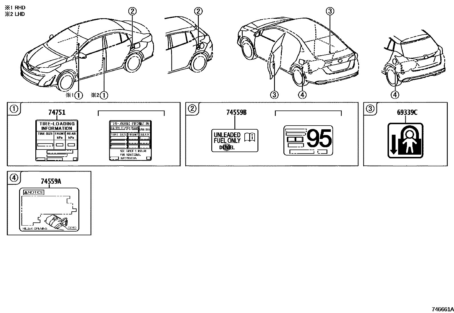 Toyota YARIS 警示铭牌(车外和车内) EPC diagram — 746661A