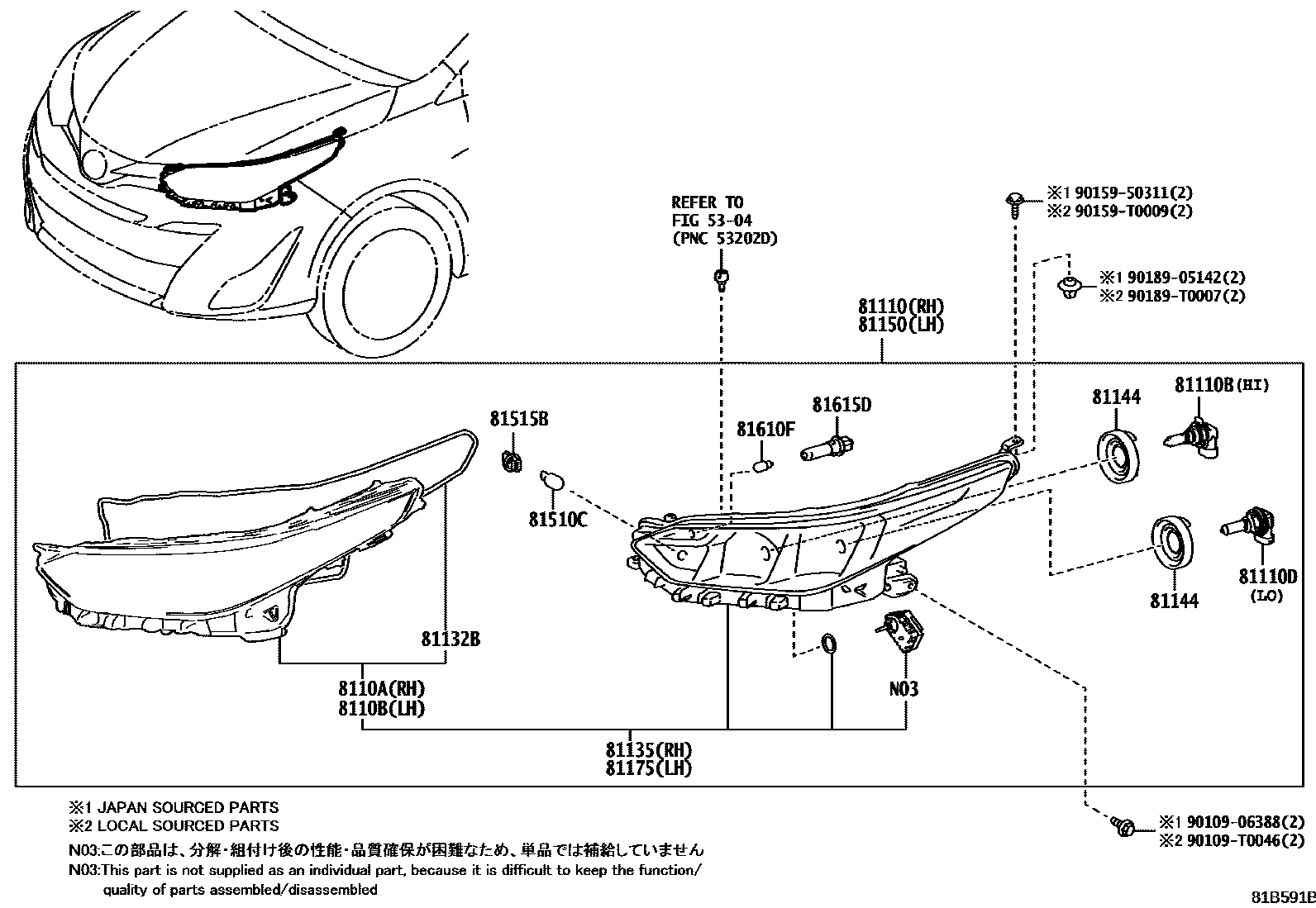 Toyota YARIS Headlamp EPC diagram — 81B591B