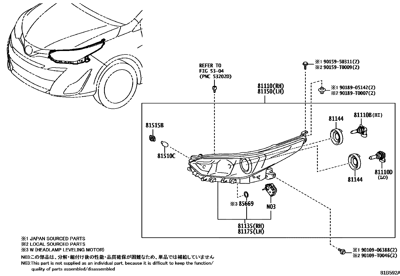 Toyota YARIS Headlamp EPC diagram — 81B592A