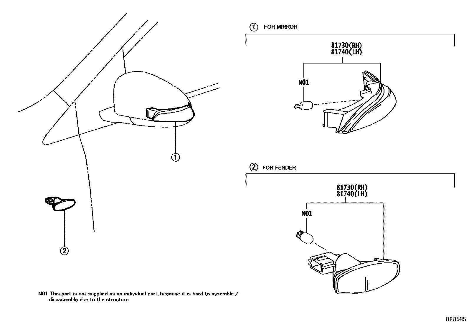 Toyota YARIS Side Turn Signal & Outer Mirror Lamp EPC diagram — 81B585