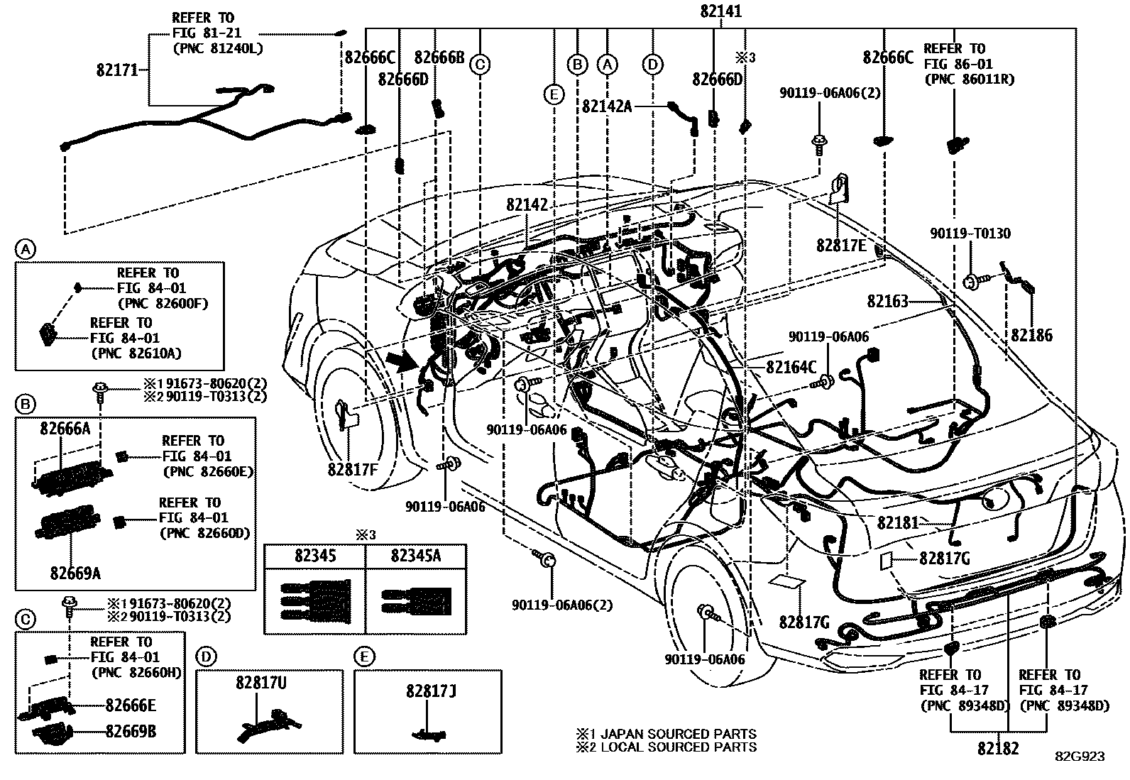 Toyota YARIS 线束和卡夹 EPC diagram — 82G923A