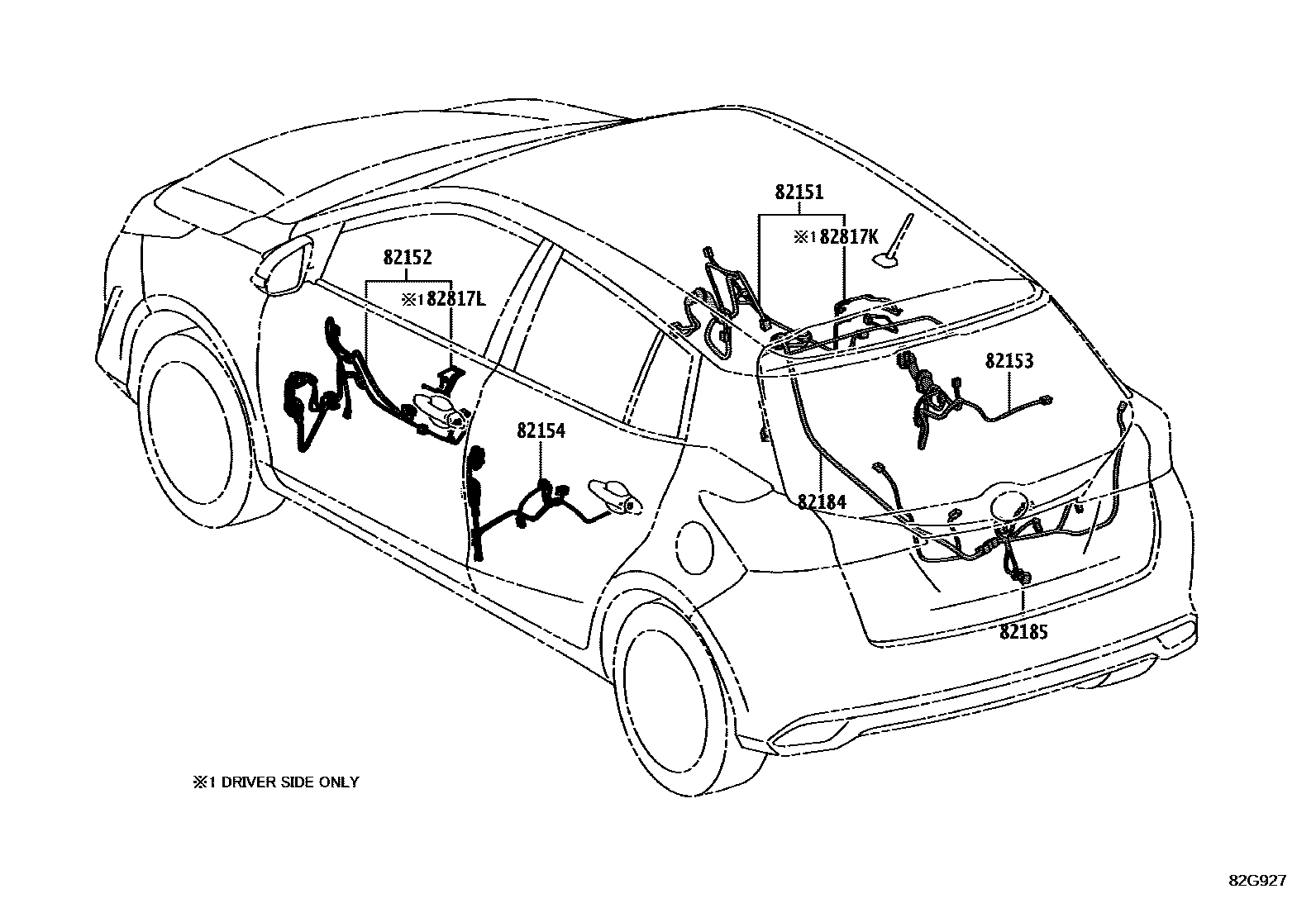 Toyota YARIS 线束和卡夹 EPC diagram — 82G927