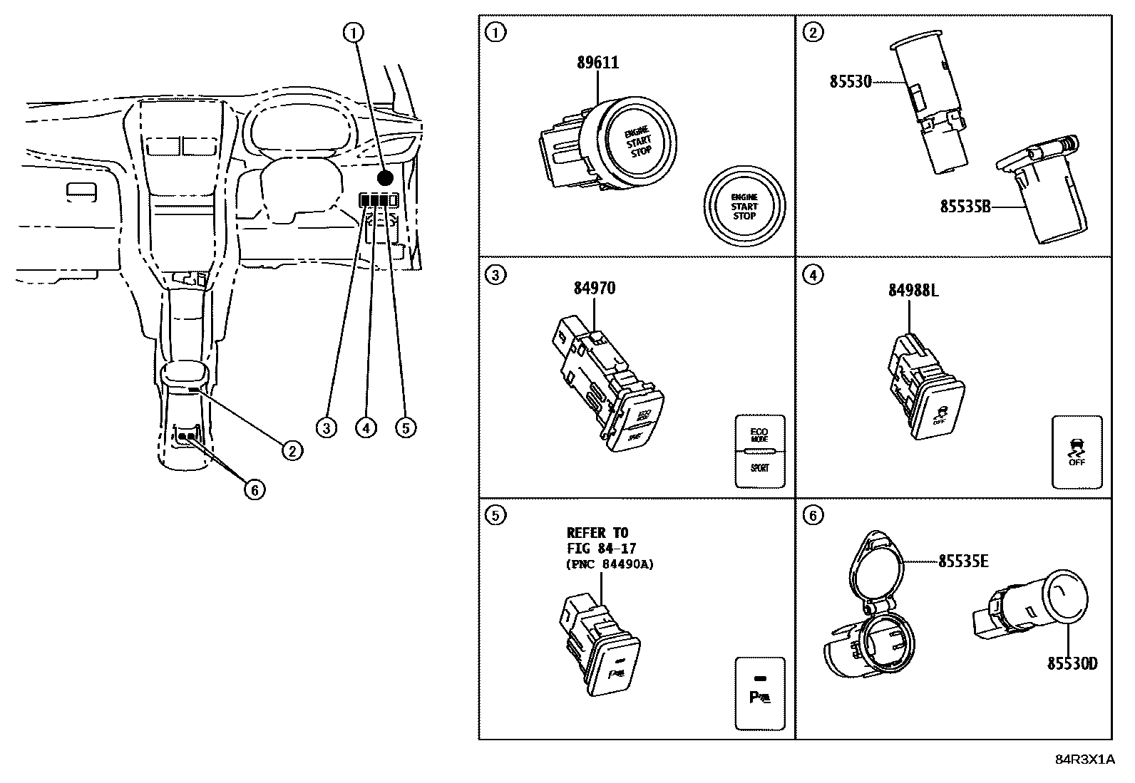 Toyota YARIS 开关和继电器和ECU EPC diagram — 84R3X1A